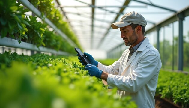 Farmer examines crop data on tablet inside modern greenhouse. Focused worker monitors plant health using digital technology promoting sustainable agriculture, efficient farming practices. Bright