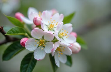 Fototapeta premium Delicate apple tree blossoms bloom with white and pink petals. New buds and green leaves emerge on a branch. Spring season brings floral beauty and freshness to nature.