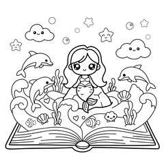 Cute Mermaid Storybook World with Dolphins coloring page