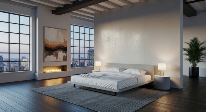 Modern minimalistic bedroom with large windows and contemporary decor design