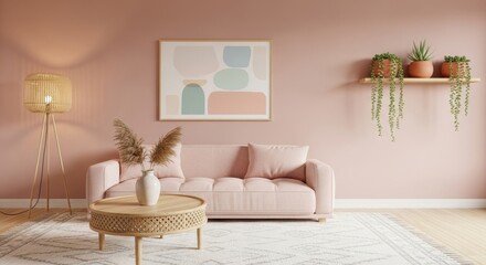 Modern and minimalistic living room interior with pastel wall and decorative elements perfect for