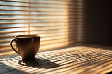 A warm ceramic coffee cup placed on a rustic wooden table with sunlight streaming across it.