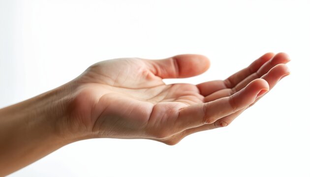Open palm with fingers slightly curled facing upwards. This gesture signifies offering receiving or holding something. It conveys a sense of hope asking and generosity.