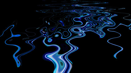 Abstract Dark Background with Flowing Water Surface and Glowing Blue Liquid Metal Ripple Waves for Futuristic Digital Design