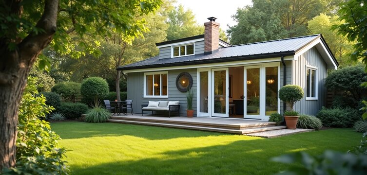 Exterior view of modern accessory dwelling unit. Small house with cozy porch backyard. Tiny home with green grass yard residential area. Home extension with additional living space.