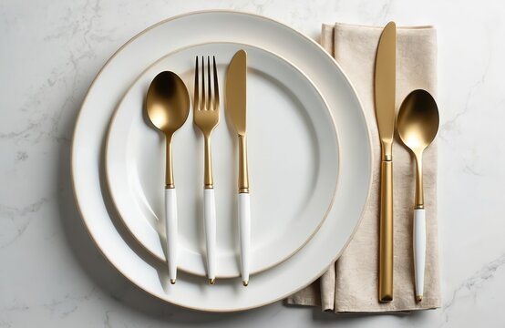 Elegant white plates hold gold and white cutlery. Napkin rests beside spoon and knife. Clean modern table setting for fine dining or special event.