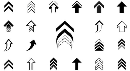Collection of varied upward pointing arrows on a white background.