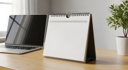 A blank desk calendar next to a laptop and a plant on a wooden desk, ready for planning.