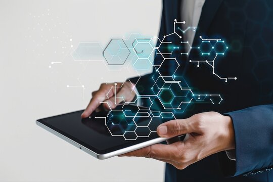 Man Using Tablet with Digital Data Overlay Technology Business Innovation on transparent background