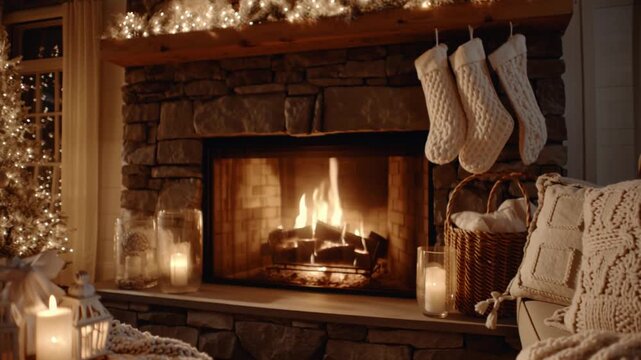 Warm cozy Christmas fireplace ambience with stockings.