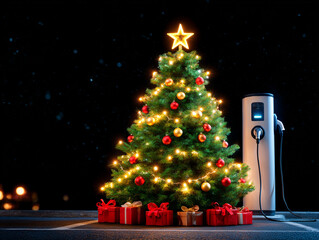 Christmas tree connected to electric vehicle charging station. Christmas pine decorated with lights and gifts piled underneath is seen in parking lot next to EV charging station at night
