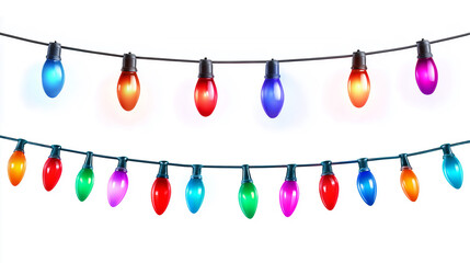 Christmas light garlands isolated on white background. Christmas tree string lights with multicolored bulbs. Christmas decorative illumination