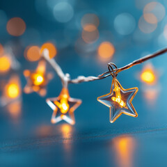 Close-up view of Christmas light garland against blurred background. Yellow LED bulb shaped like star is attached to garland's wire. Festoon illumination is against blue background with bokeh
