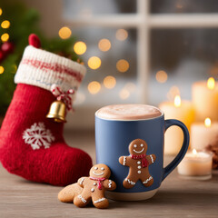 Hot chocolate and Christmas stocking on windowsill. Hot cocoa cup and red Christmas sock decorated with gingerbread man by window inside room. Evening winter landscape is visible outside glass