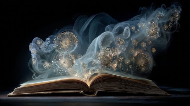 An open book emits ethereal light and glowing orbs, rising as wispy smoke against a dark backdrop - Powered by Adobe
