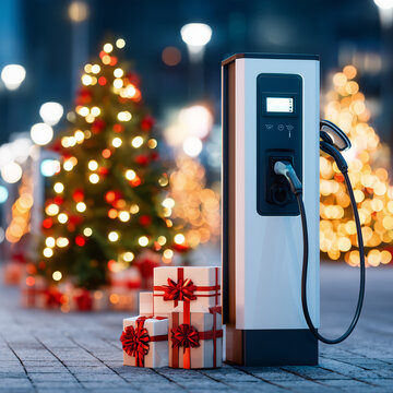 Electric vehicle charging station is surrounded by gifts. Christmas presents are stacked underneath EV charging station on Christmas Eve. Christmas tree decorated with lights is in background