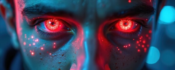 Close-up intense portrait of person with glowing red cyber eyes. Red neon lights dot skin creating digital pattern. Futuristic human face in dark cyberspace.