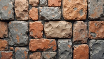 Illustration presents seamless stone texture. Rough, uneven surface consists of rectangular bricks in different colors. Construction material pattern suitable for backgrounds. Design wall element.