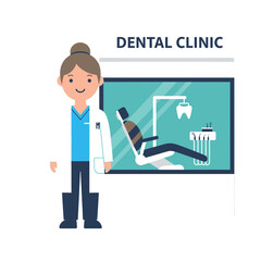 Vector illustration of dentist standing outside clinic with dental chair inside