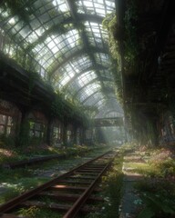 Fototapeta premium Vines crawling over a train platform, with plants nesting on rusted rails.