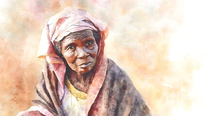 Naklejka premium Watercolor portrait of a dignified elder woman showcasing heritage beauty and warm traditional style