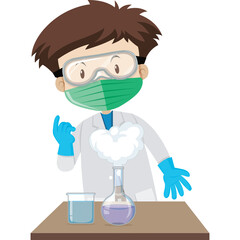 Young Boy Scientist Wearing Lab Coat And Goggles Performing Chemical Experiment With Beaker And Flask Emitting Smoke In A Classroom Setting