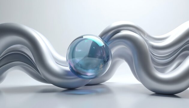 Abstract 3d render of wavy matte aluminum tubes and a clear glass sphere with cosmic galaxy inside. Smooth metal curves form organic bio shapes. Modern futuristic design object.