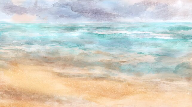 Serene coastal watercolor illustration depicting gentle dunes and a tranquil ocean vista