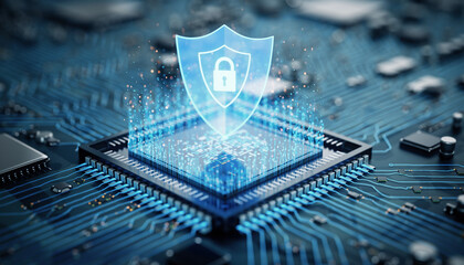 Cybersecurity secure chip and data protection form a digital shield glowing above a microchip in a futuristic circuit environment that emphasizes hardware security and modern technology.