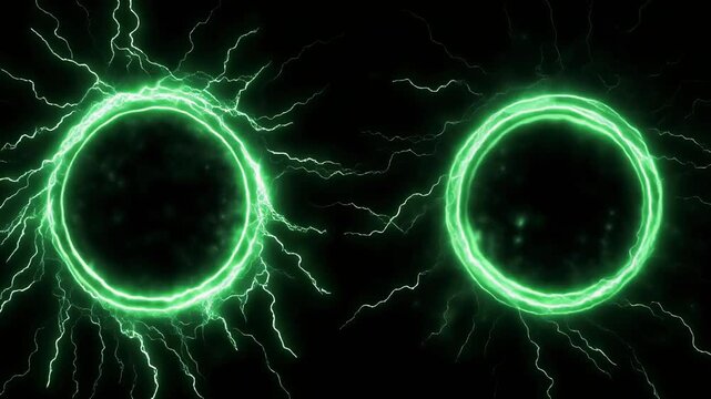 Two Green Electric Energy Rings with Lightning Bolts on Black Background Keywords: energy, electricity, power, lightning, bolt