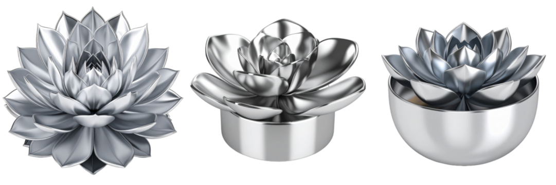 Silver Floral Ornaments On Transparent Background Displaying Metallic Finish and Detailed Petal Structure
