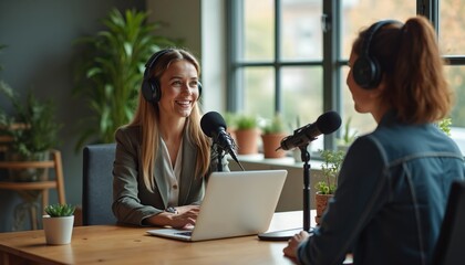 Two women wear headphones talking into microphones at table with laptop. One woman smiles, they record podcast audio for online show. Professional studio sound production.