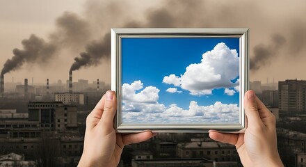 Hands holding a framed picture of a clear blue sky with white clouds over a polluted industrial city