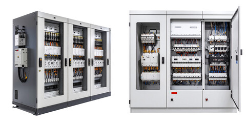 Electrical Control Panels with Transparent Background Displaying Internal Wiring and Components in a Modern Industrial Setting
