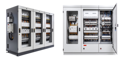 Electrical Control Panels with Transparent Background Displaying Internal Wiring and Components in a Modern Industrial Setting