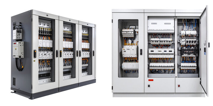 Electrical Control Panels with Transparent Background Displaying Internal Wiring and Components in a Modern Industrial Setting
