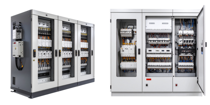 Electrical Control Panels with Transparent Background Displaying Internal Wiring and Components in a Modern Industrial Setting - Powered by Adobe