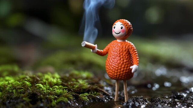 Whimsical Miniature Figure Smoking a Cigarette in a Mossy Forest Pool Keywords: miniature, figure, toy, smoking, cigarette, smoke