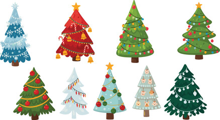 WebCollection of Eight Unique Christmas Tree Illustrations Featuring Diverse Colors, Decorations, and Festive Styles for Holiday-Themed Design Projects