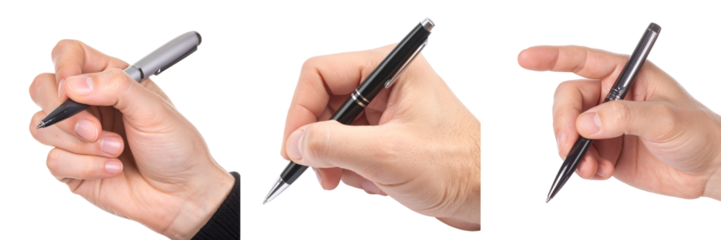 Hands Holding Various Pens Writing On Transparent Background Close Up View Of Different Writing Gestures