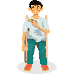 Young Boy Stands On A Wooden Stool Wearing A White T-Shirt And Teal Pants Holding A Colorful Candy In A Studio Setting With A White Background