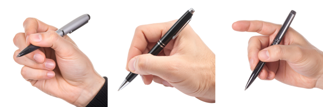 Hands Holding Various Pens Writing On Transparent Background Close Up View Of Different Writing Gestures