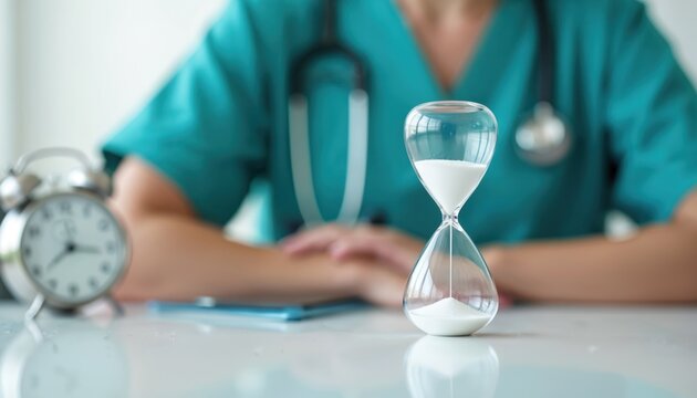 Doctor in scrubs with stethoscope has hourglass and alarm clock. Concept of time in medicine healthcare. Urgency in patient care. Urgent medical treatment.