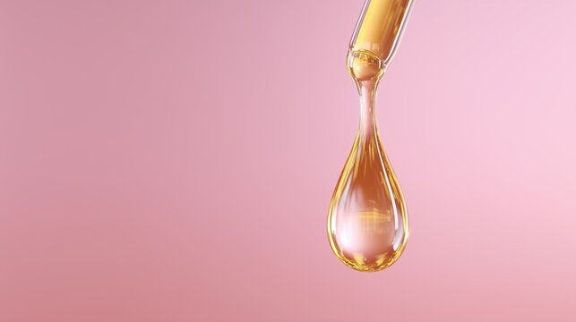 A golden droplet of liquid gracefully emerges from a pipette against a subtly colored background. Displaying the luxurious texture and clarity.