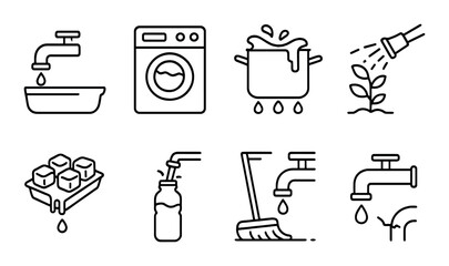 Black linear icons: water conservation and sustainable home practices