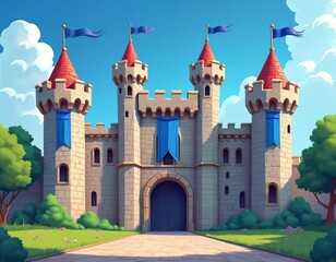 Naklejka premium Illustration of a fairytale castle with red-topped towers and blue banners. Majestic fortress stands on a green lawn against a blue sky. Architectural design shows a front view
