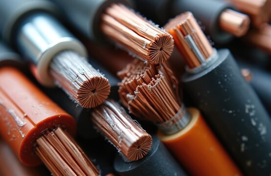 Thick electrical wires with copper conductors are visible. Multiple power cables with exposed cores are laid out. Industrial energy transmission materials are ready for installation.