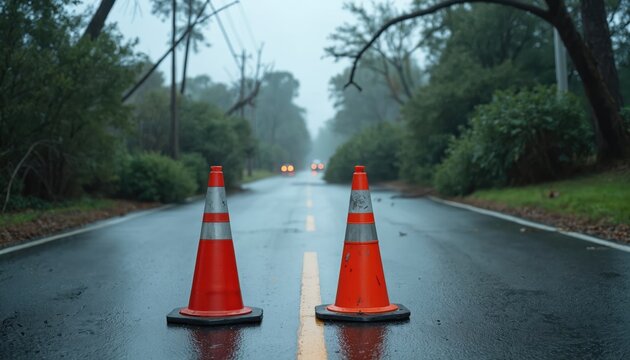 Two orange traffic cones block wet road. Fallen trees, overhead power lines create immediate hazard. Road closure due to storm damage. Emergency situation warns drivers about dangerous conditions on