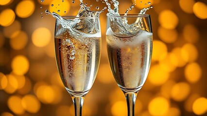 Two champagne glasses with sparkling liquid, capturing a dynamic splash against a festive golden backdrop.