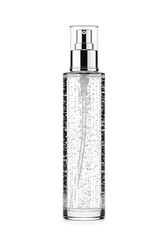A clear glass bottle with a silver pump dispenser filled with a transparent liquid containing small, shimmering particles.